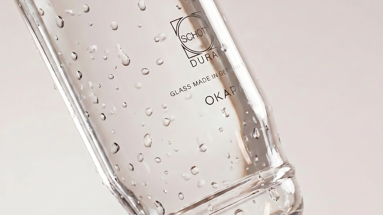 Close-up of the OKAPA borosilicate glass carafe — SCHOTT DURAN glass made in Germany, with water droplets